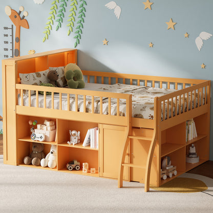 Full Size Loft Bed with Storage, Headboard with LED Light, Natural image 3