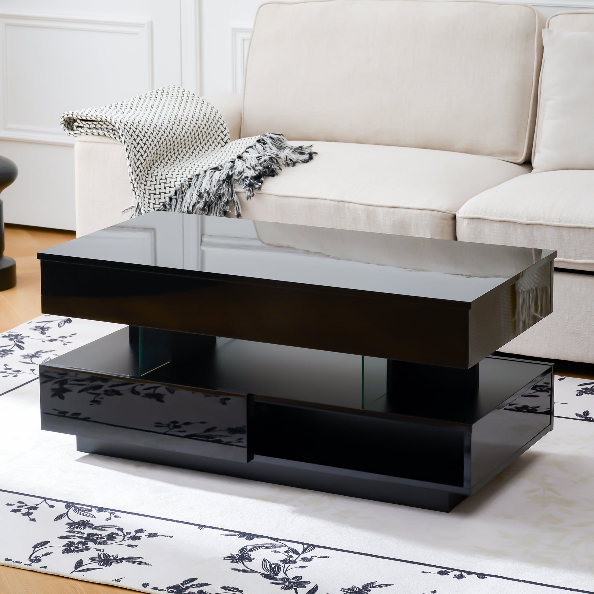 39.3" Lift Top Coffee Table with Hidden Compartment, 2 Storage Drawers and Ajustable LED Lights,Modern Multifunction Coffee Tables for Living Room, Bedroom,Office(Black) image 10