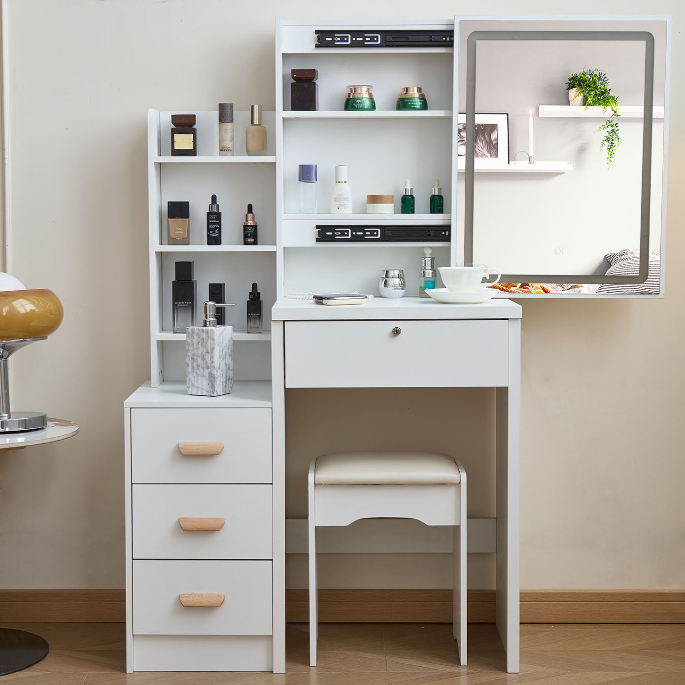 Modern-style white vanity set includes LED-lit mirror, bedroom makeup table with storage and cushioned stool; suitable for teens and adults home dressing rooms/bedrooms image 9