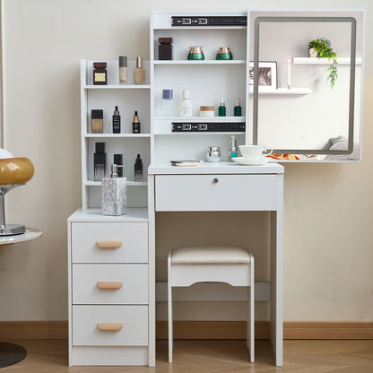Modern-style white vanity set includes LED-lit mirror, bedroom makeup table with storage and cushioned stool; suitable for teens and adults home dressing rooms/bedrooms image 9