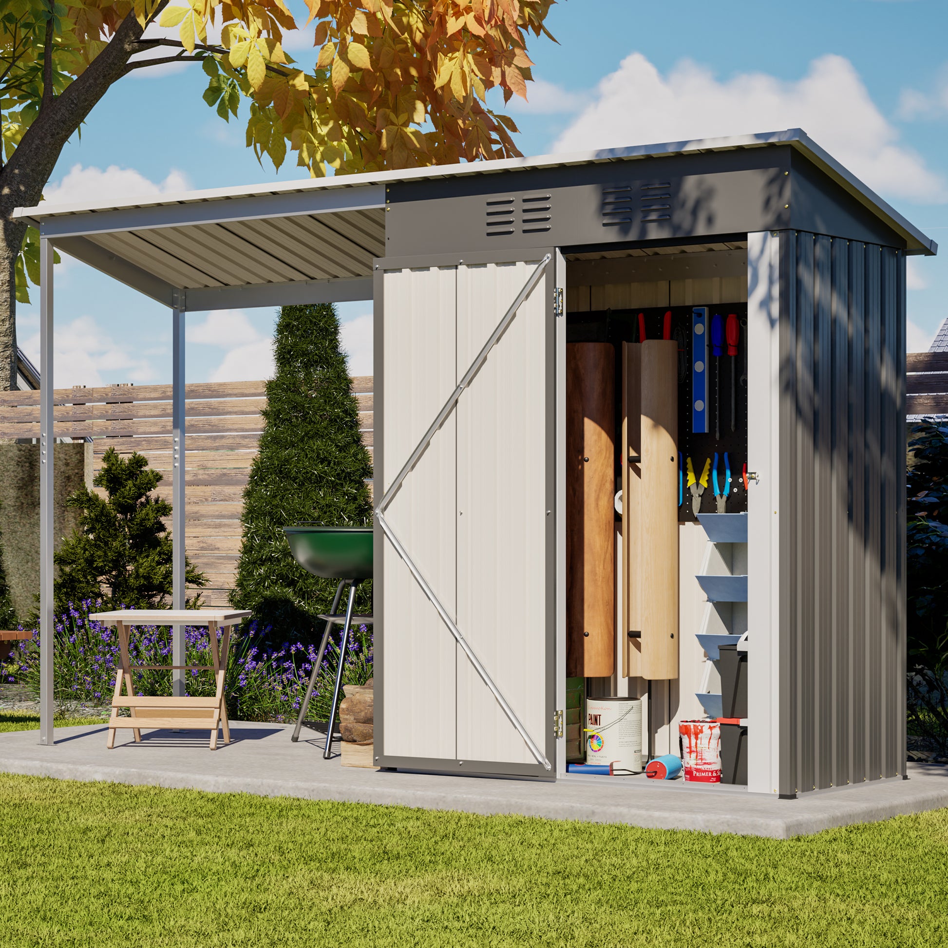 Durable 5x3FT Galvanized Steel Shed & Gazebo Combo, Easy Assembly Lean-To Storage with Open Pergola, All-Weather 2-in-1 Garden Shed for Tool Storage, Patio, Backyard image 1