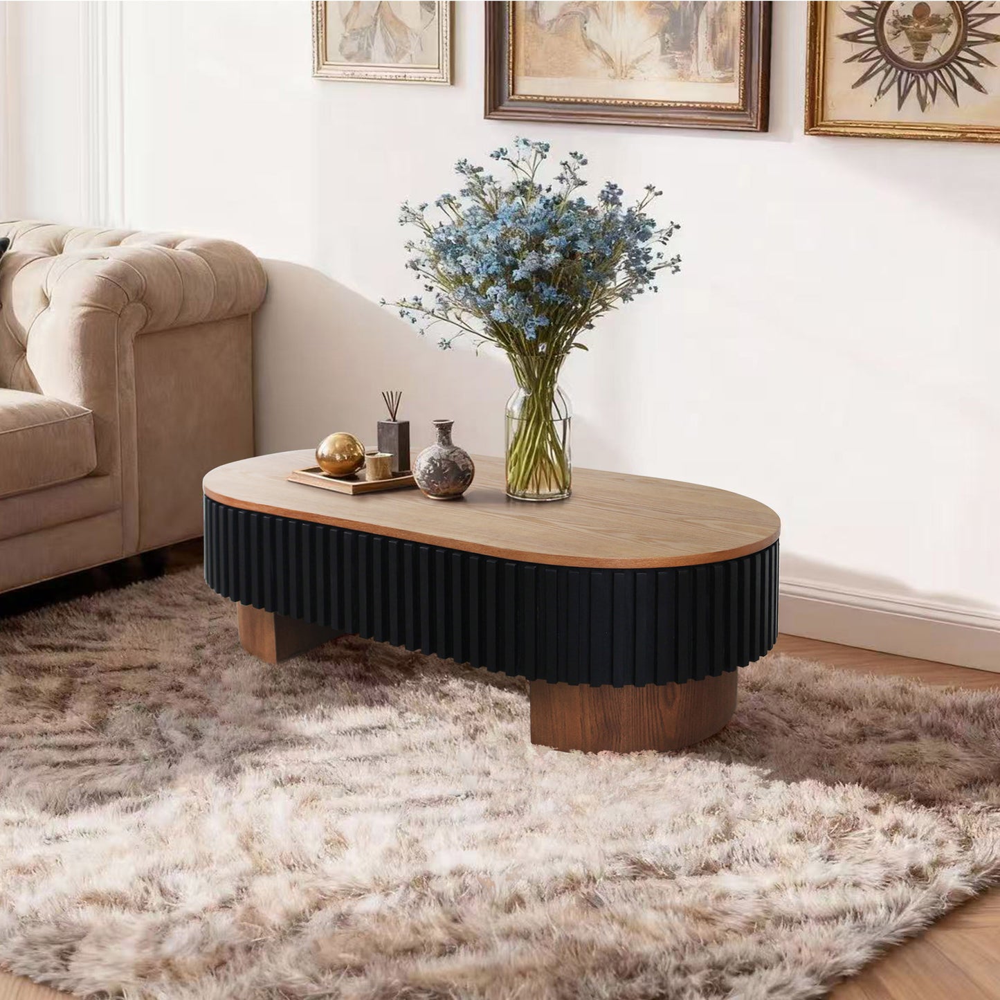 43.7" Oval Coffee Table With Hidden Storage,Fluted Modern Minimalist Wood Coffee Table for Living Room, Oval Center Table, Walnut + Black. image 12