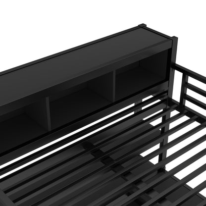 Metal Loft Bed with Wardrobe And L-shaped Desk, Queen Size Loft Bed with Storage Cubes and Shelves, Heavy Duty Loft Bed for Kids Teens Adults, Black image 7