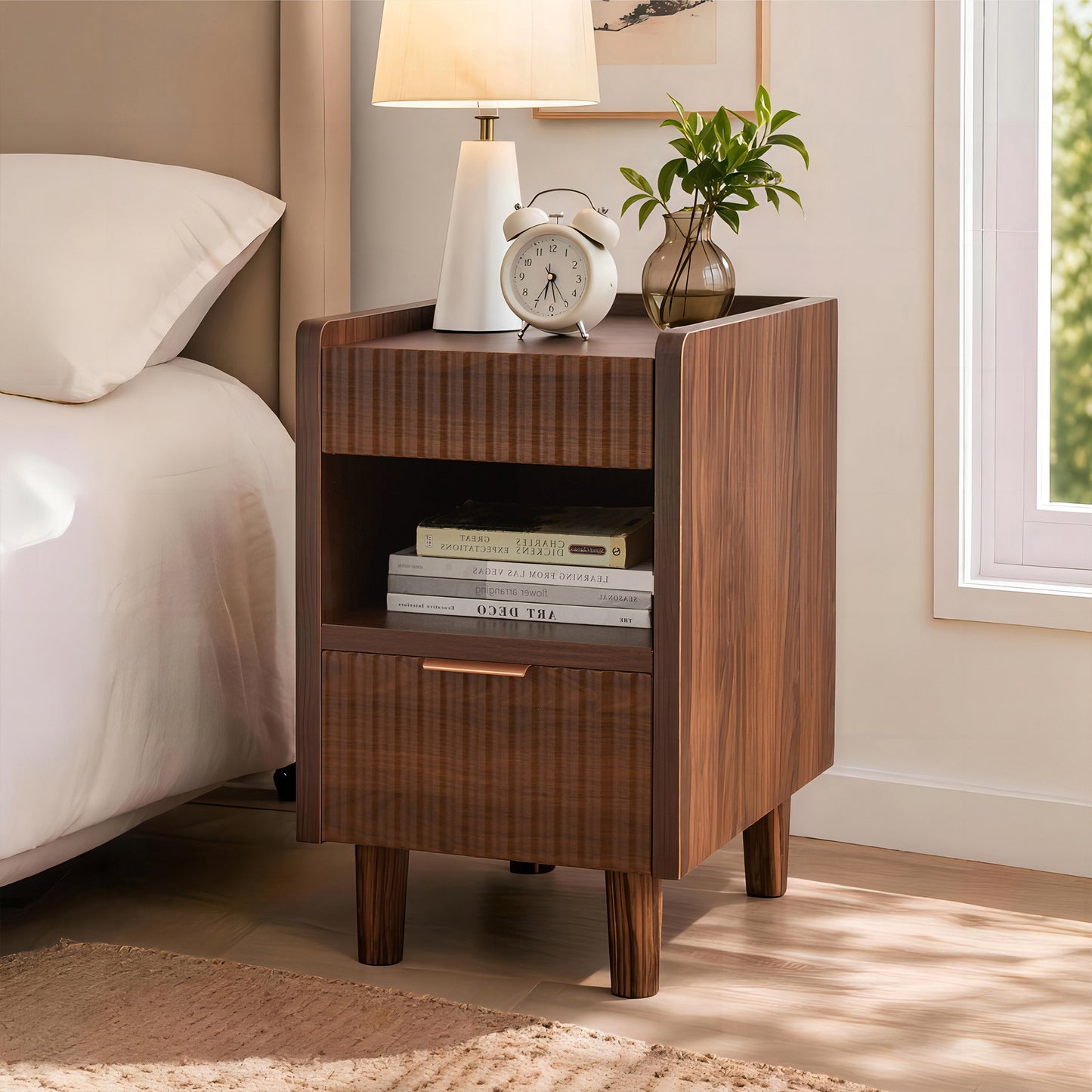Walnut Brown Fluted Wood Nightstands with Drawer and Open Storage, 2 Pack Modern Bedroom Bedside Side End Tables for Living Room Home Decor image 3