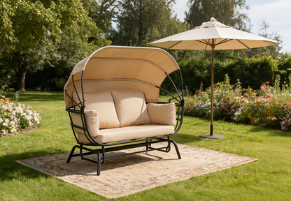 2-Person Outdoor Swing Chair with Adjustable Canopy, Modern Egg Shaped Rocking Lounge Chair with Thick Cushions & Pillows, Heavy-Duty Patio Hammock Chair for Garden, Balcony, Backyard image 1