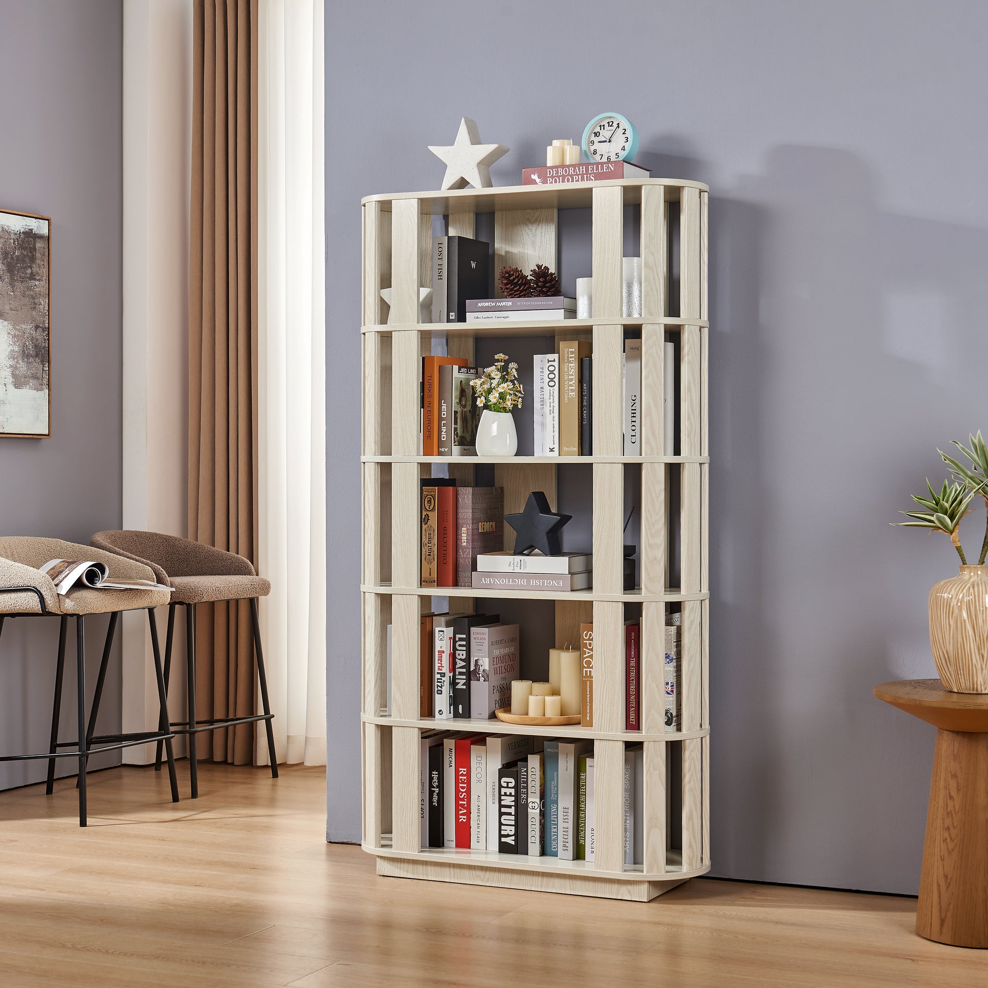 Wooden Oval Open Bookshelf, MDF Grid Frame Freestanding Bookcase, 5-Tier Easy Assembly Storage Display Rack for Living Room Home Office Decor, DIY Free Combination Storage Cabinet Study Room image 3
