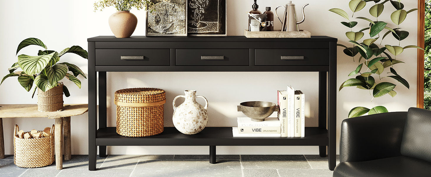 U_STYLE 59.1'' Farmhouse Entryway Table with 3 Drawers, Painted Console Table with Bottom Shelf & Iron Handles, Minimalist Sofa Table for Living Room, Hallway, Kitchen, Bedroom, Office image 4