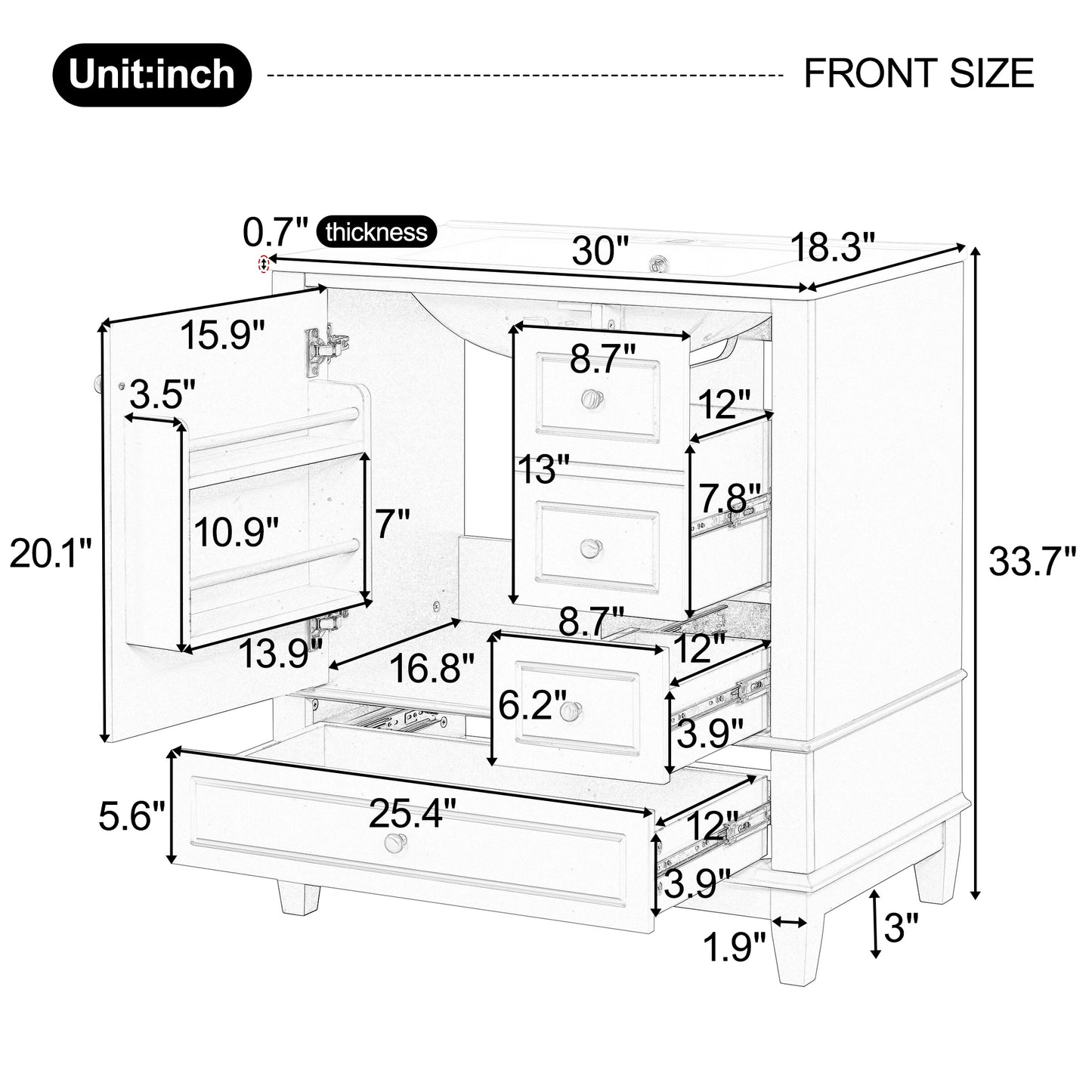 30" Bathroom Vanity with Sink, One Door with Shelf and Three Drawers, Soft Close Door, Grey image 9