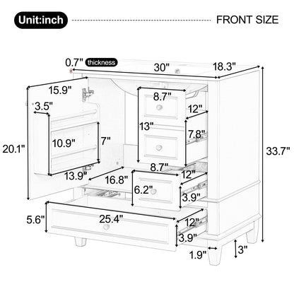 30" Bathroom Vanity with Sink, One Door with Shelf and Three Drawers, Soft Close Door, Grey image 9
