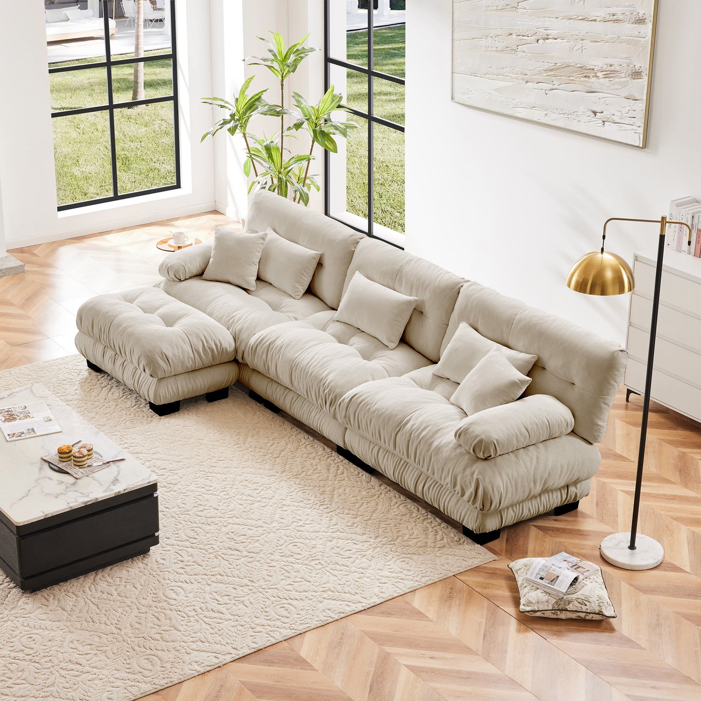 Luxury Modular Sectional Sofa Couch,Oversized L Shaped Cloud Couch for Living Room,Deep Seat Sofa Couch with Convertible Ottoman,Chenille Light coffee image 1