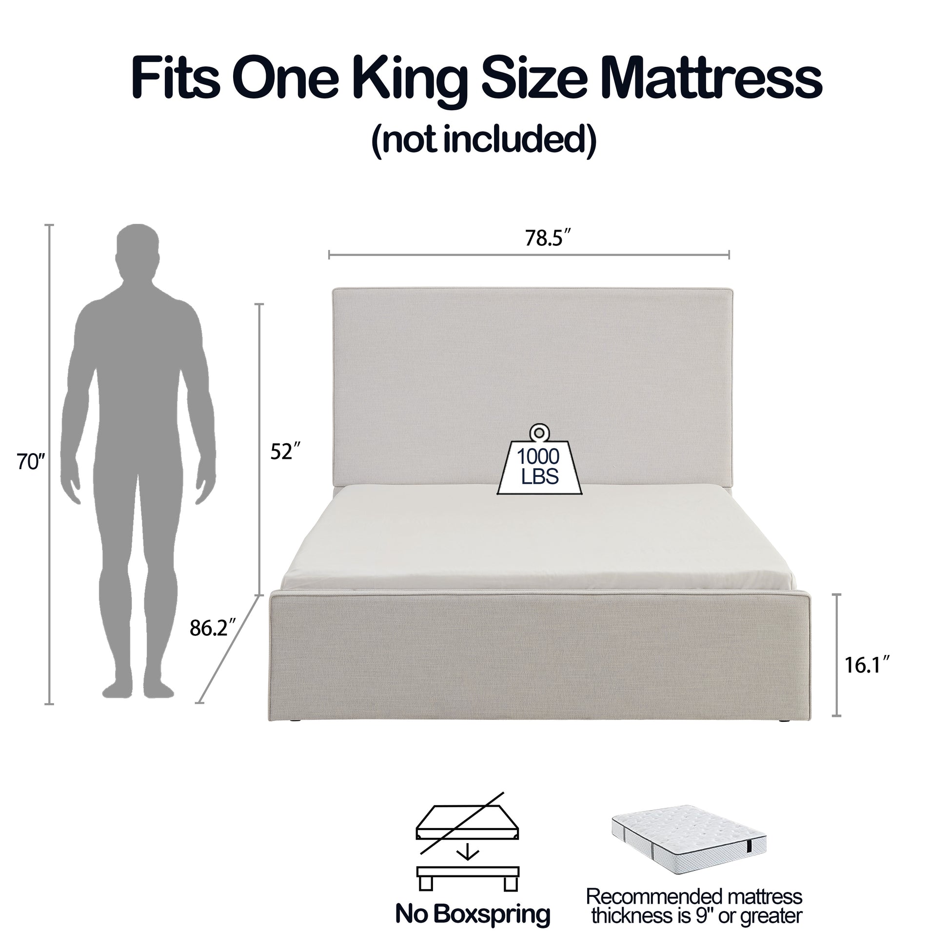 Lucas Tall Headboard Upholstered Bed / 52" High Headboard / Elegant Simplicity / No Box Spring Needed / Easy Assembly / King / Textured Ivory Canvas image 4