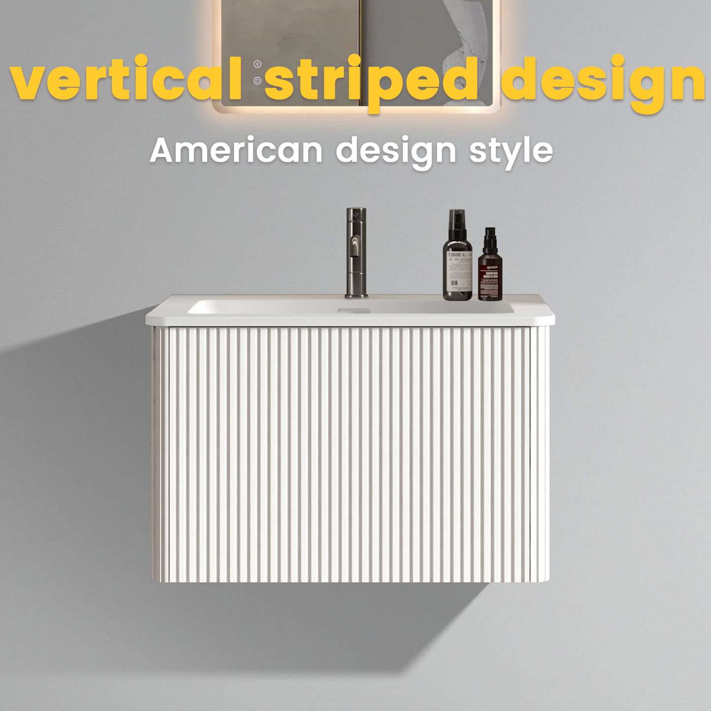 U059-Etna24W-301 Etna 24" Striped Soft White Bathroom Vanity with White Ceramic Sink, Wall Mounted Floating Bathroom Vanity for Modern Bathroom, One-Piece White Sink Basin without Drain, Pre-assembled image 4