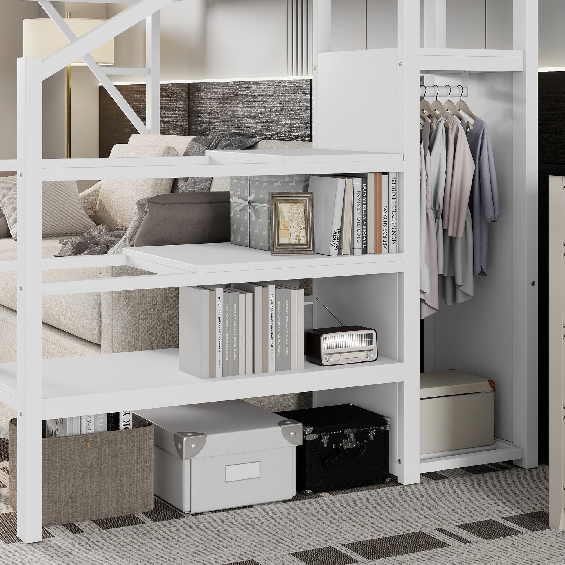 Twin XL Size Loft Bed with Stairs, Metal Full Loft Bed with Storage Shelves, High Loft Bed with Wardrobe for Kids Teens,White(Expect Arrival Date 2025/10/14) image 5