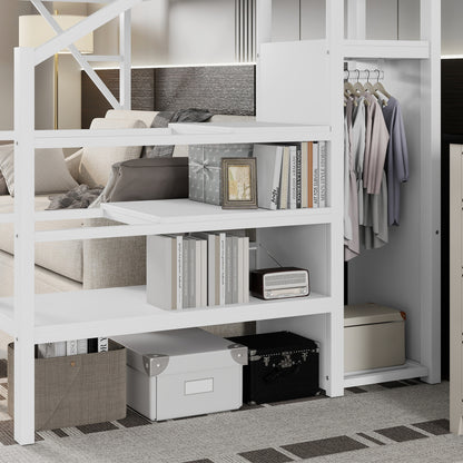 Twin XL Size Loft Bed with Stairs, Metal Full Loft Bed with Storage Shelves, High Loft Bed with Wardrobe for Kids Teens,White(Expect Arrival Date 2025/10/14) image 5
