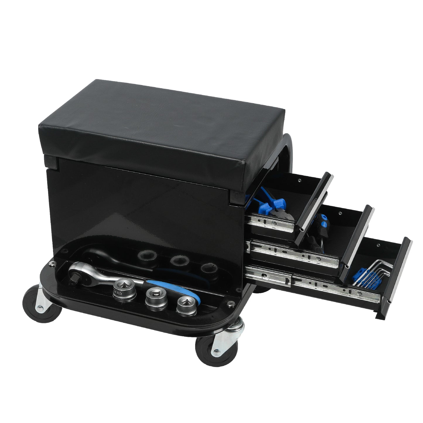 Rolling Creeper Garage/Shop Seat with Three Built-in Drawers, Rolling Tool Chest,Black image 1