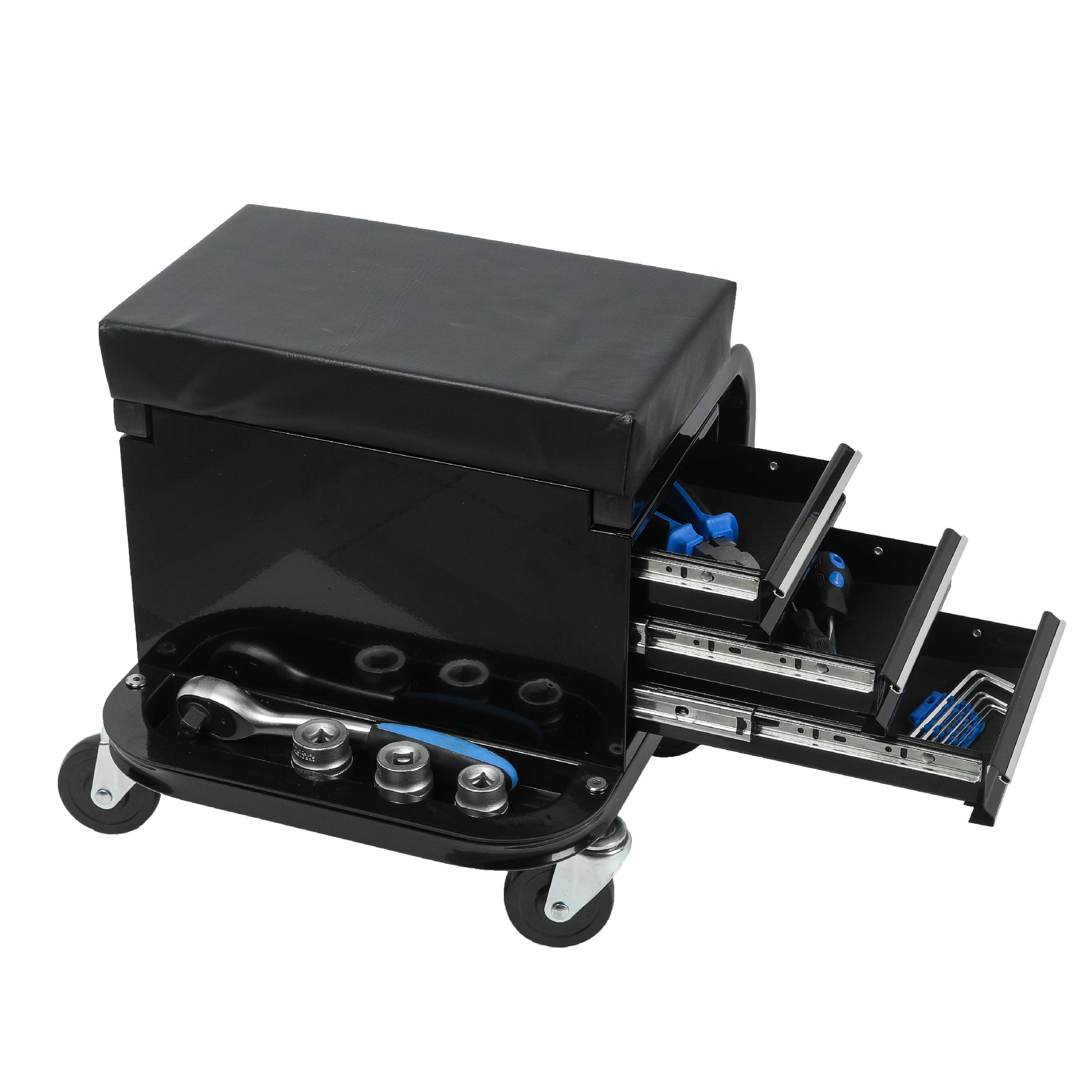 Rolling Creeper Garage/Shop Seat with Three Built-in Drawers, Rolling Tool Chest,Black image 1