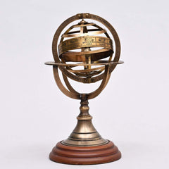 Decorative 4" Brass Armillary Sphere with Wood Base for Desk or Shelf Display