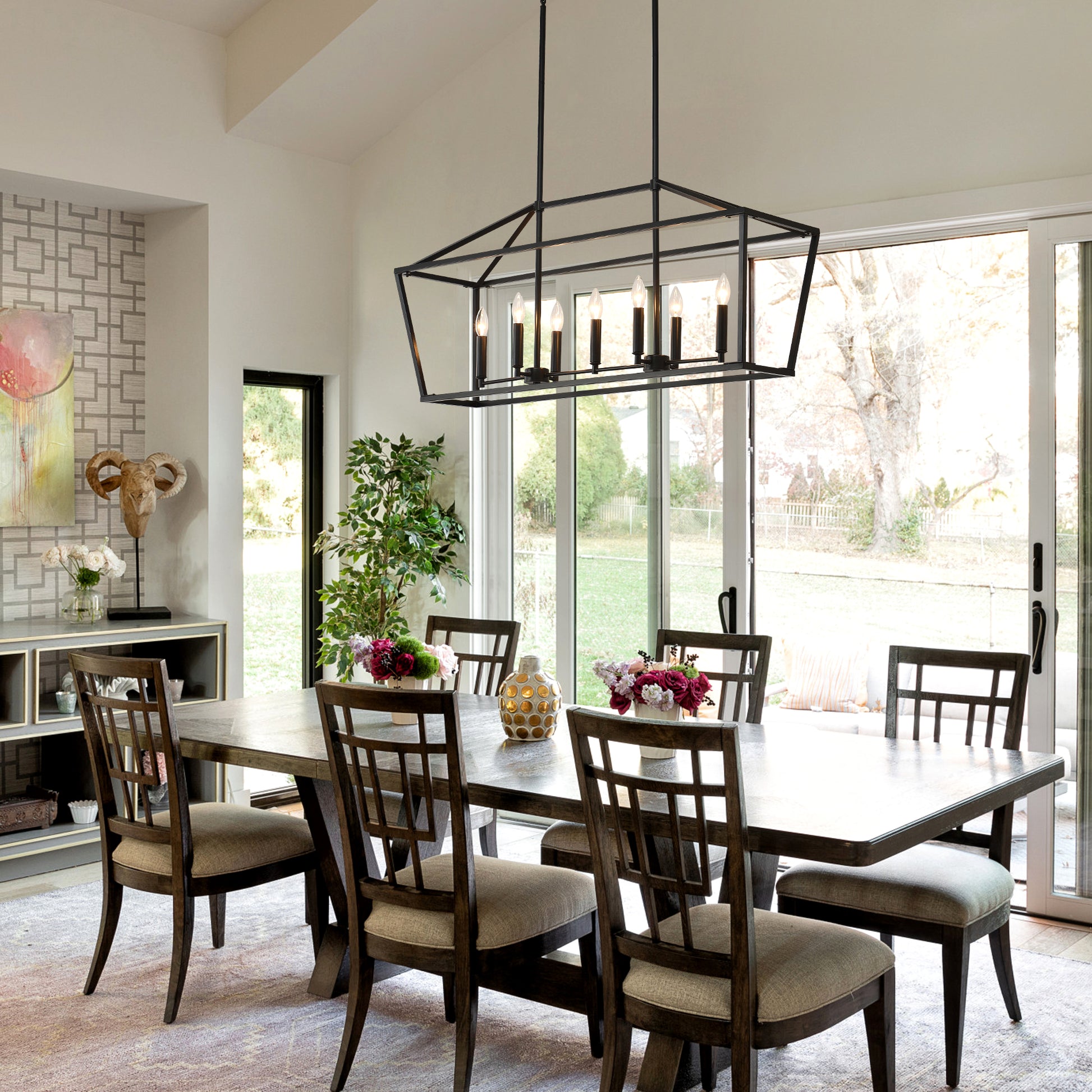 7-Light Farmhouse Kitchen Island Lighting,5 Light Industrial Linear Chandelier for Dining Room Metal Matte Black Finish Hanging Pendant Light Fixture for Bedroom Living Room Hallway Conference Room image 3