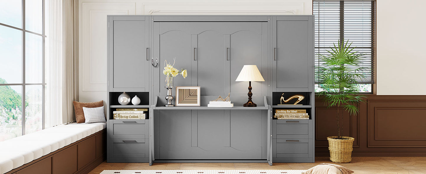 Queen Size Murphy Bed Wall Bed with Closet,Drawers and Shelves,Gray(OLD SKU:LP000909AAE-2) image 6