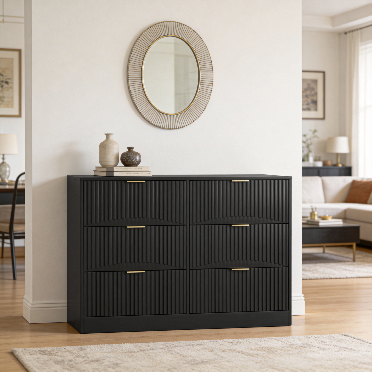 Modern 6-Drawer Dresser, Chest of Drawers for Bedroom, Living Room, Hallway, and Entryway - Large Storage Cabinet, Black,Drawer panel with wavy patterns image 5
