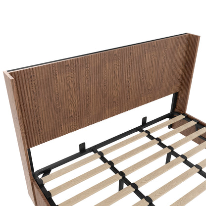 Large grooved undulating lift storage bed frame, wooden platform bed frame with lift storage, no spring box required/no noise, rustic brown slatted natural wood(King) image 5