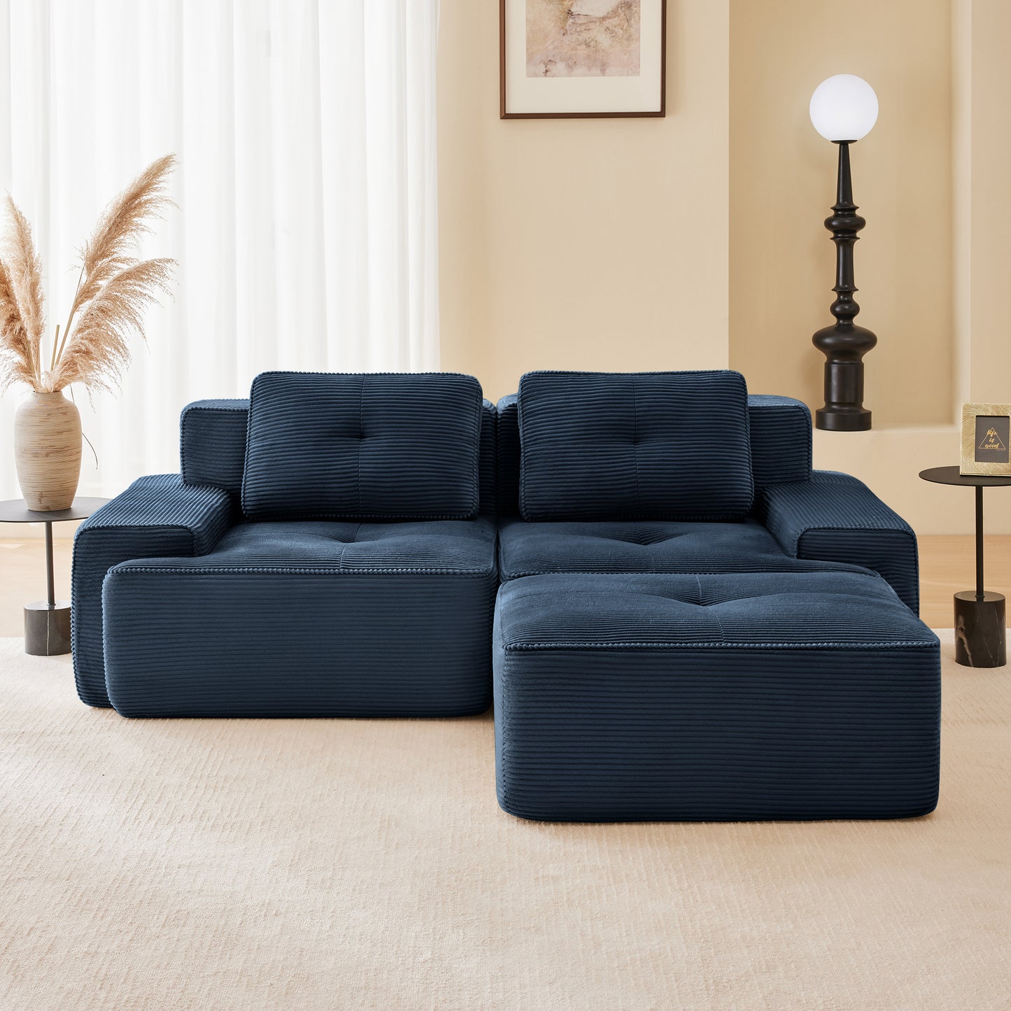 82" Modern L-Shaped Modular Sectional Sofa for Living Room, Corduroy Fabric, 2-Seater Couch with Deep Seat and Movable Ottoman, Pearl-like piping, Tufted Design, No Assembly, Anti-slip Design​, Blue image 3