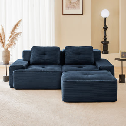 82" Modern L-Shaped Modular Sectional Sofa for Living Room, Corduroy Fabric, 2-Seater Couch with Deep Seat and Movable Ottoman, Pearl-like piping, Tufted Design, No Assembly, Anti-slip Design​, Blue image 3