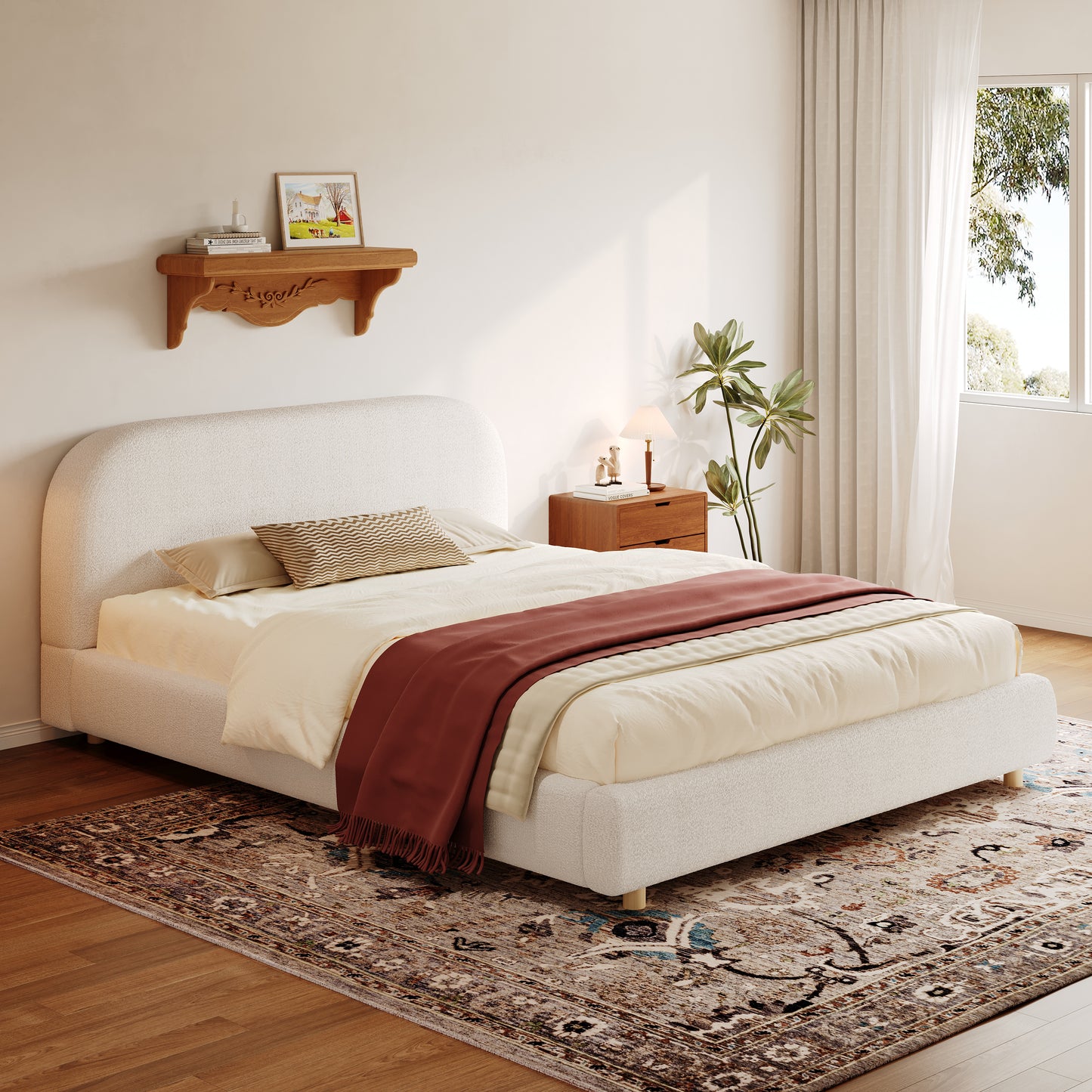 Queen Size Upholstered Bed With Boucle Fabric,Curved-Shape Design Thick Headboard, Solid Wood Legs,White image 1