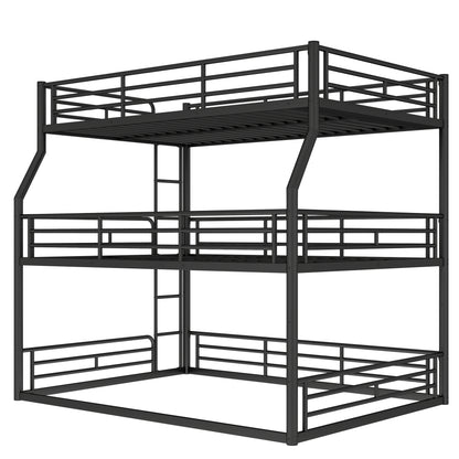 Full XL over Queen over Queen Bunk Bed, Metal Triple Bunk Bed with Safety Guardrails, Heavy-duty Bunk Bed with Noise-reduced Design, Black image 11