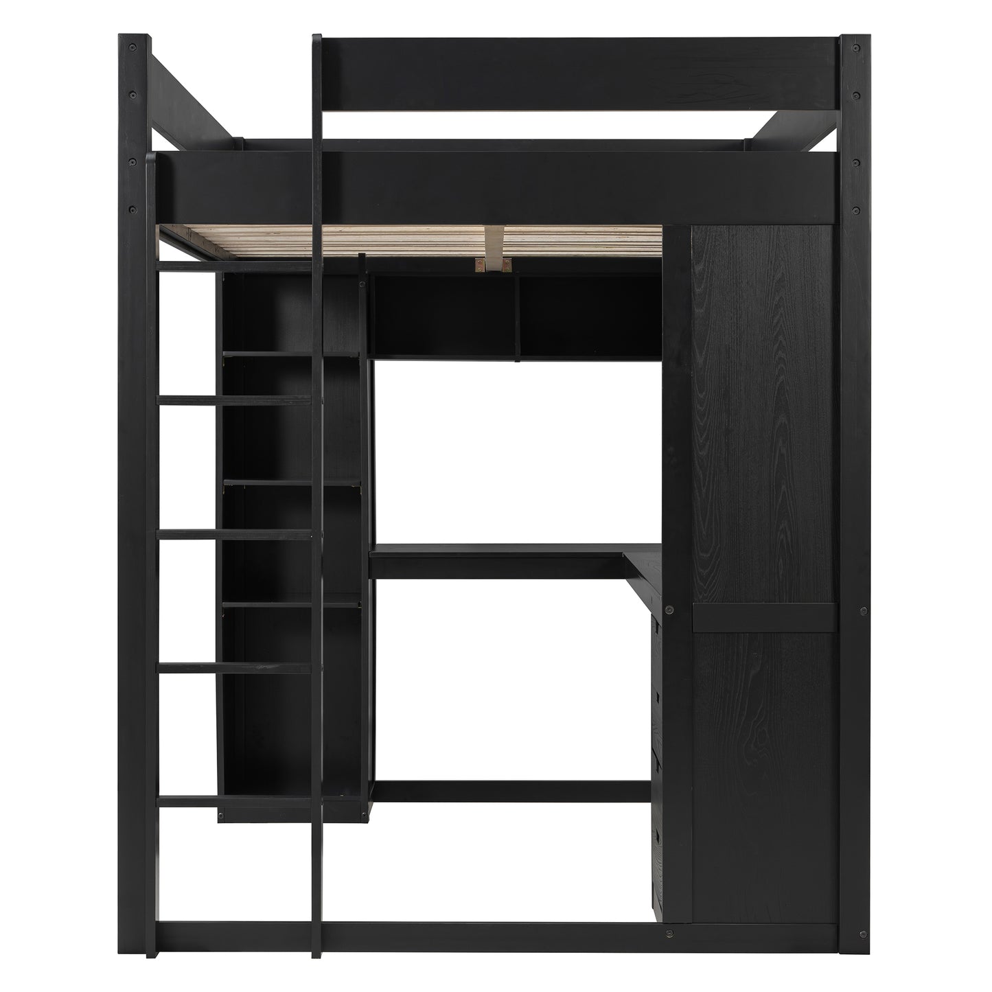 Full Size Solid Wood Loft Bed with L-Shaped Desk and 4 Drawers, Ash Veneer High Loft Bed with Smart APP Control LED Light Strip, USB Charging Ports and 4-Tier Open Shelves, Black image 9