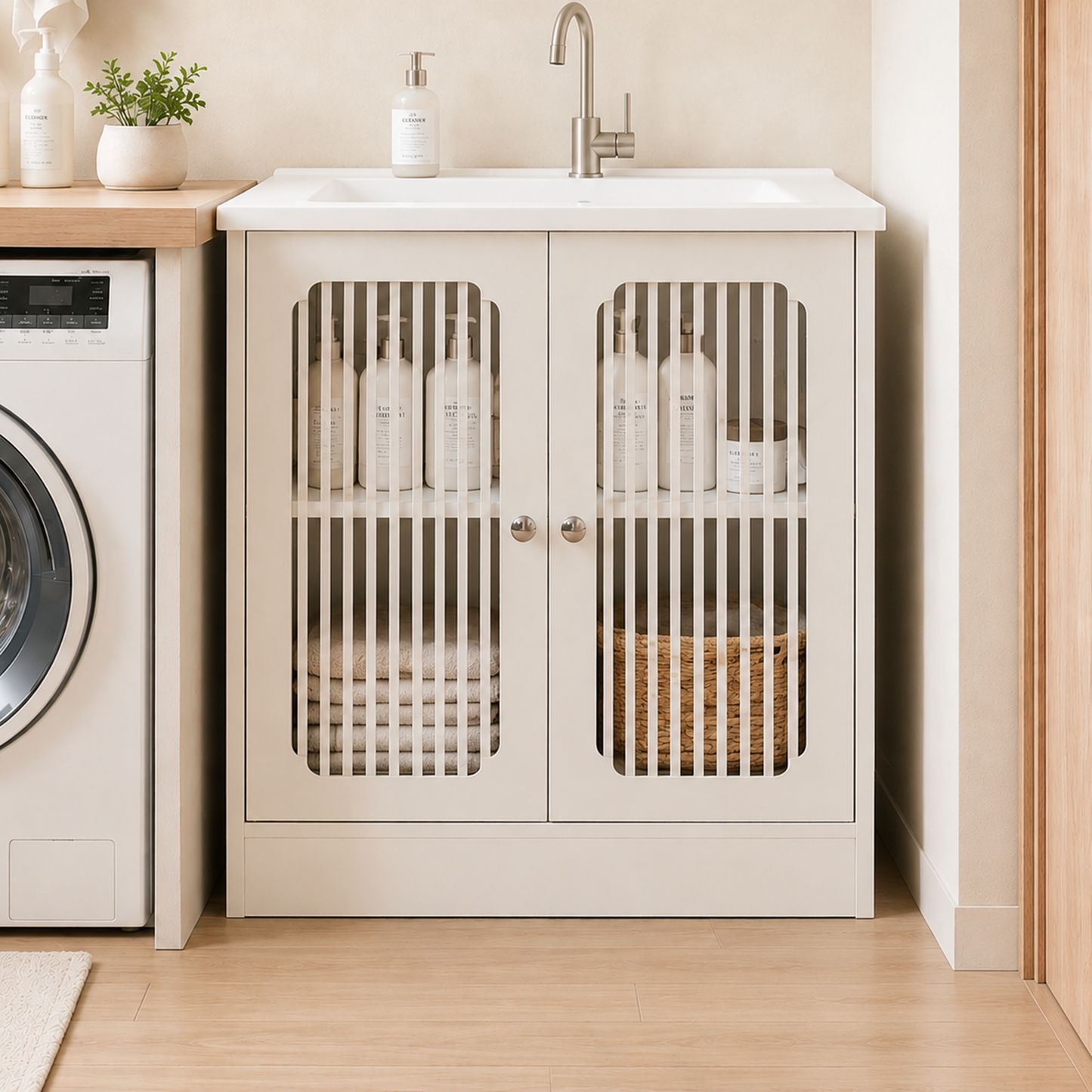 Washbasin cabinet without basin, louvered double-door floor-standing bathroom vanity and storage unit, white bathroom floor-standing storage cabinet. image 1