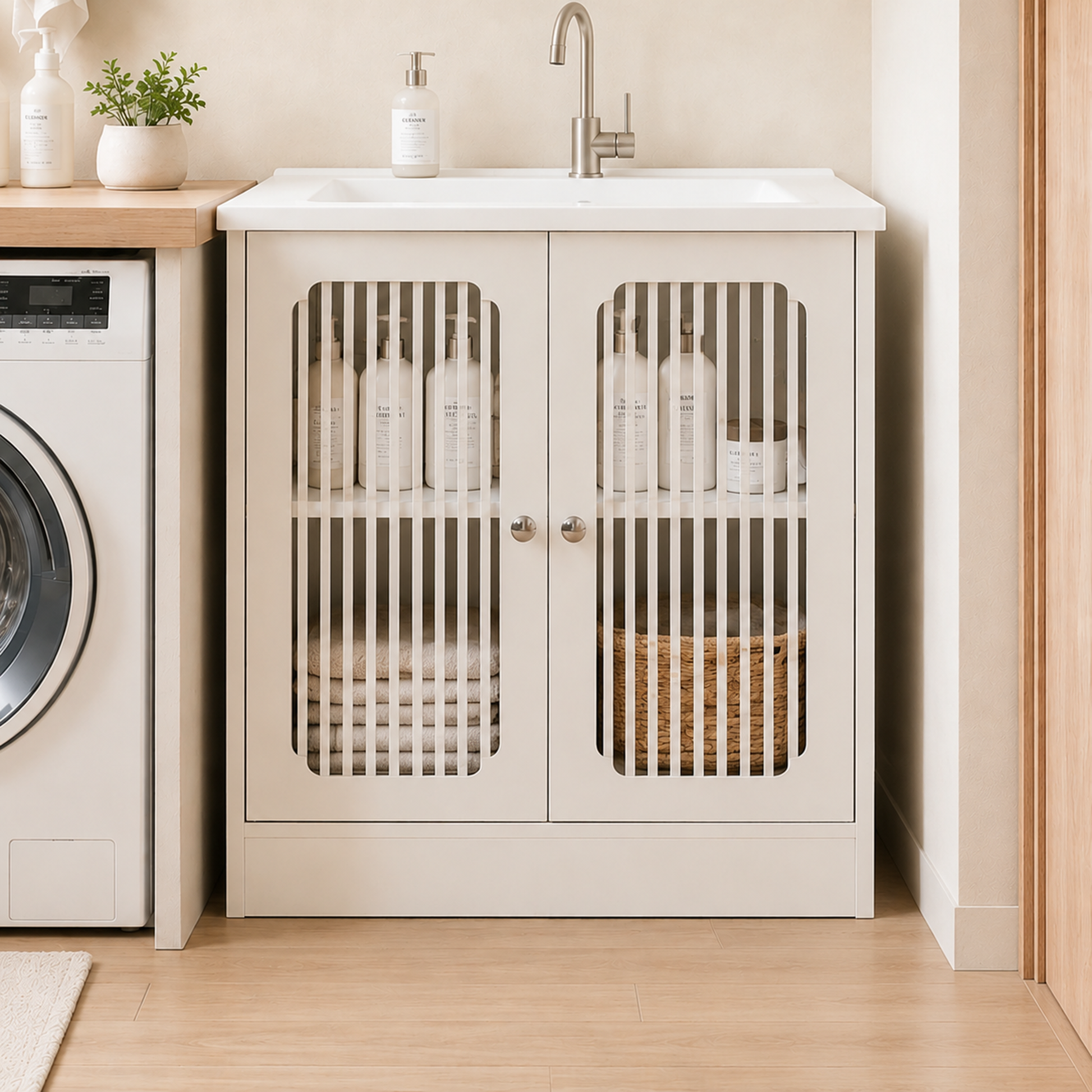 Washbasin cabinet without basin, louvered double-door floor-standing bathroom vanity and storage unit, white bathroom floor-standing storage cabinet. image 1