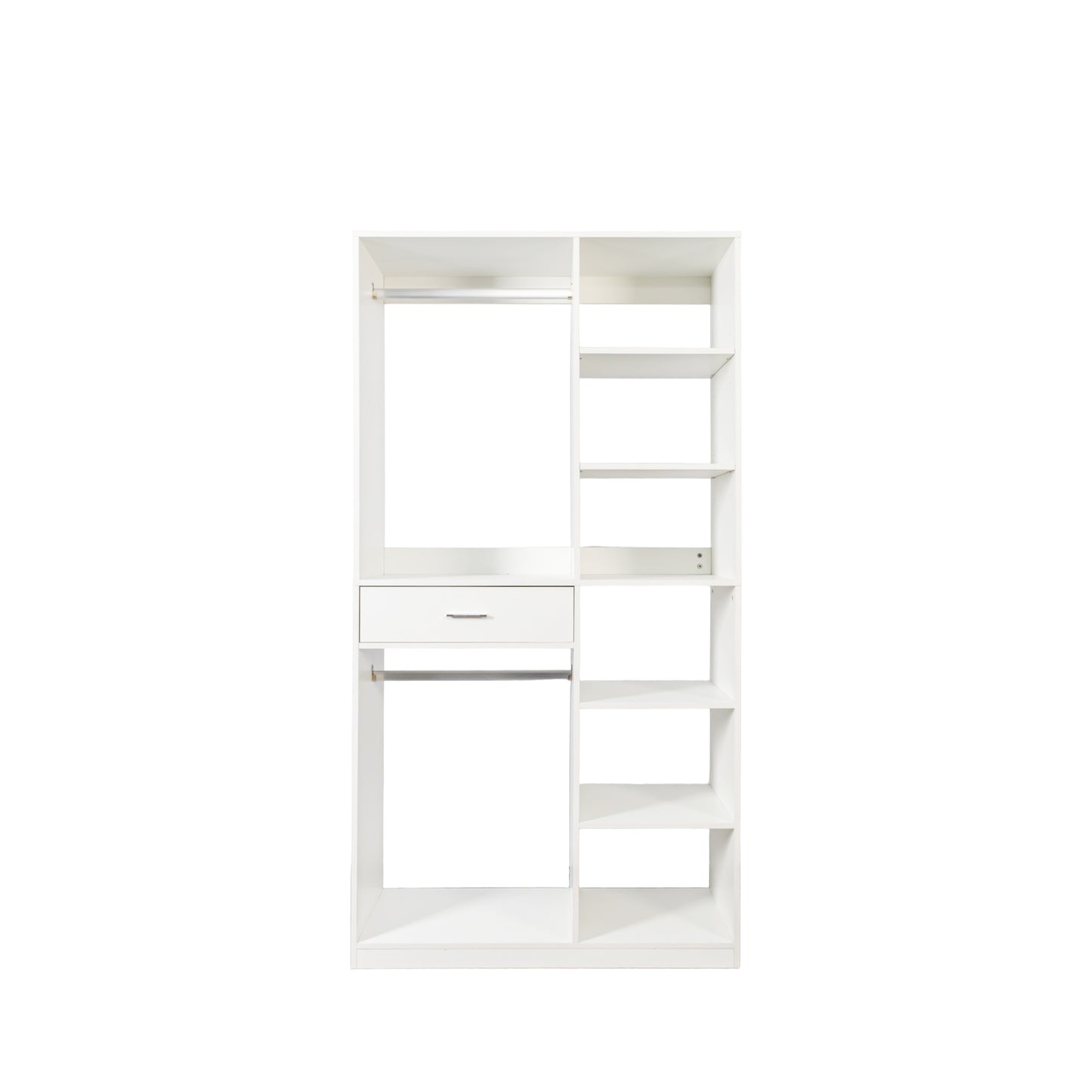 Freestanding Closet System, Stand-Alone Wardrobe with 6 open Shelves,74.8'' Heigh Closetwith 1 Wood Drawers, Wood Walk-in Closet with 2 Hanging Rod, White image 10