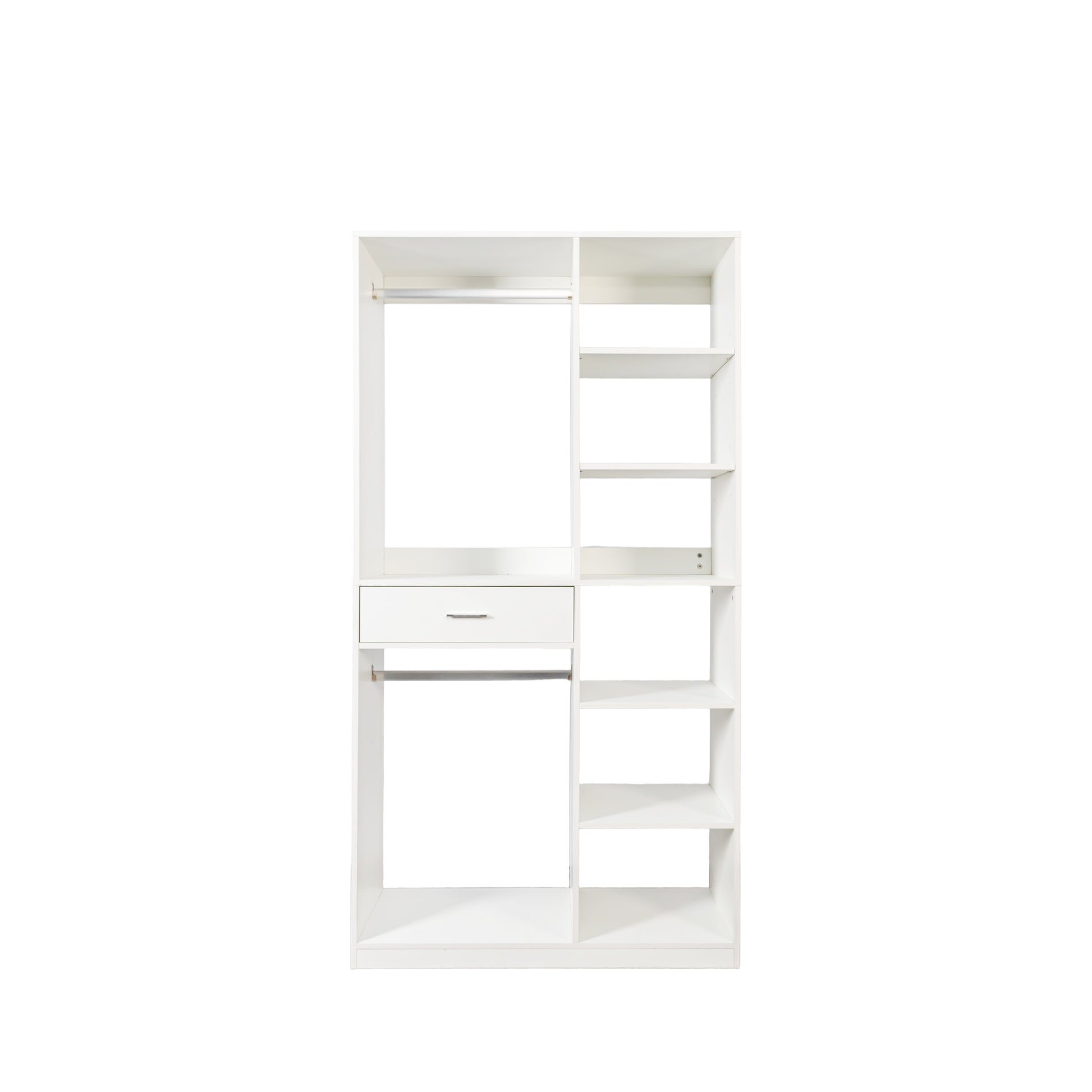 Freestanding Closet System, Stand-Alone Wardrobe with 6 open Shelves,74.8'' Heigh Closetwith 1 Wood Drawers, Wood Walk-in Closet with 2 Hanging Rod, White image 10