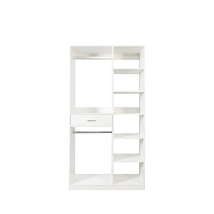 Freestanding Closet System, Stand-Alone Wardrobe with 6 open Shelves,74.8'' Heigh Closetwith 1 Wood Drawers, Wood Walk-in Closet with 2 Hanging Rod, White image 10