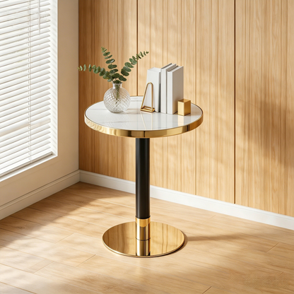 23.6" Round MDF sprayed with UV paint countertop, marble texture, stainless steel edging, metal table legs, modern light luxury edge/coffee table. image 2