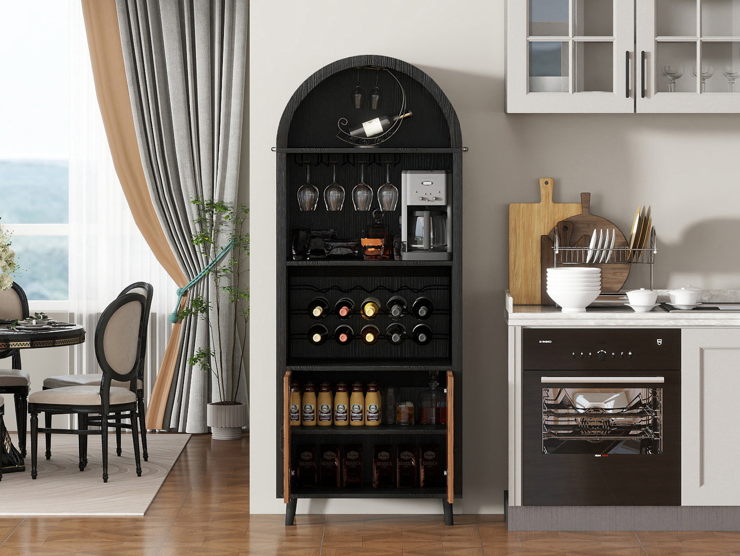 71"Farmhouse Arched Wine Bar Cabinet: tall arched display cabinet, arch black cabinets &coffee bar, whiskey station with wine rack and Wine Glass Holder - Liquor Bars Cabinet for Living Dining Room image 6