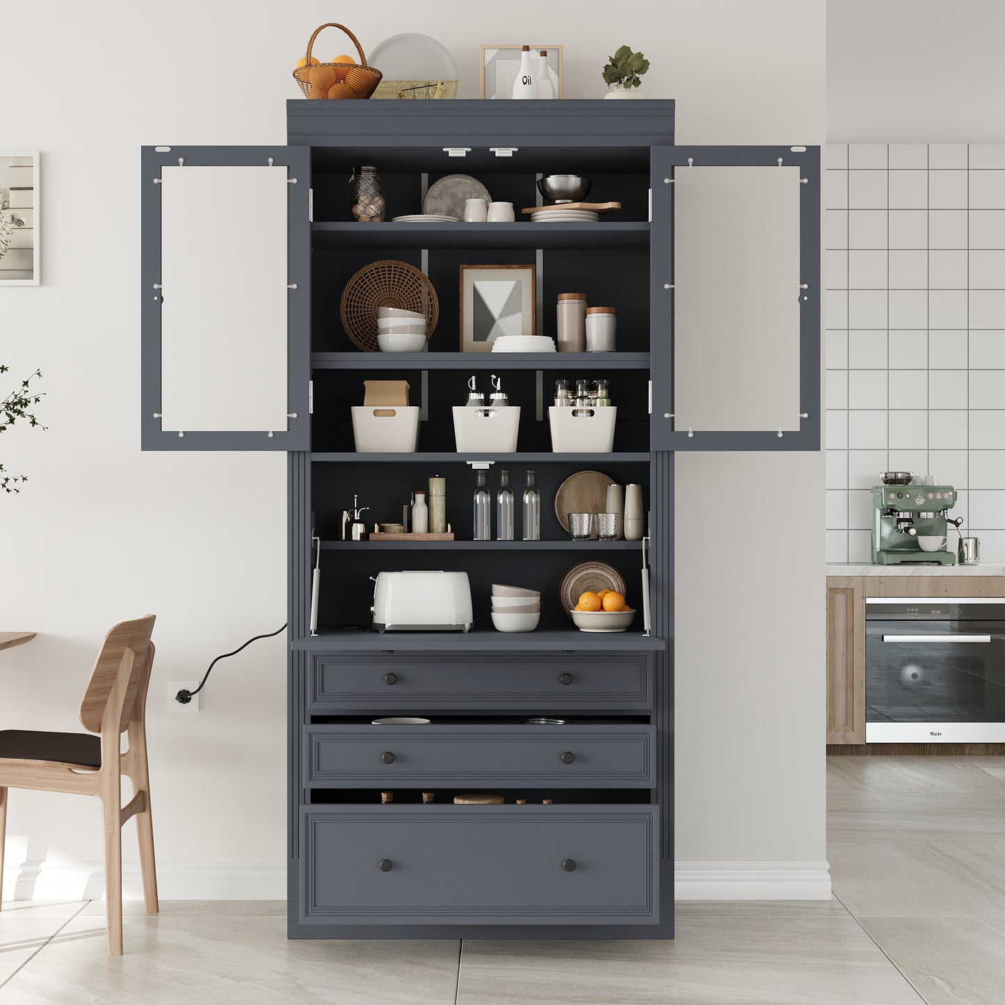[Assembly Video Provided] TOPMAX 36x16.5x78inch Freestanding Kitchen Pantry Storage Cabinet,Multifunctional Cupboard with 3 Drawers,Adjustable Shelves and Power Outlet for Dining and Living Room,Grey image 8