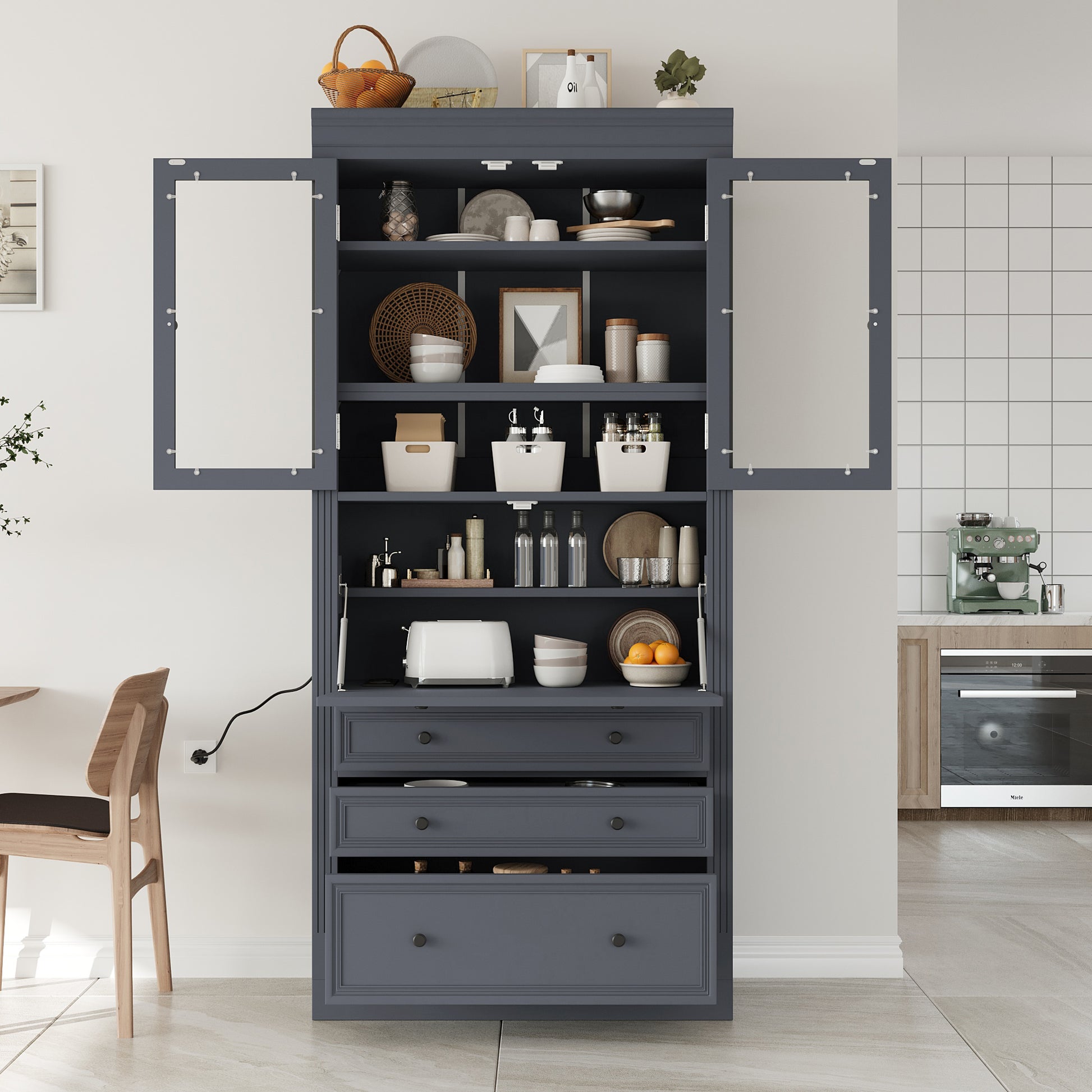 [Assembly Video Provided] TOPMAX 36x16.5x78inch Freestanding Kitchen Pantry Storage Cabinet,Multifunctional Cupboard with 3 Drawers,Adjustable Shelves and Power Outlet for Dining and Living Room,Grey image 8