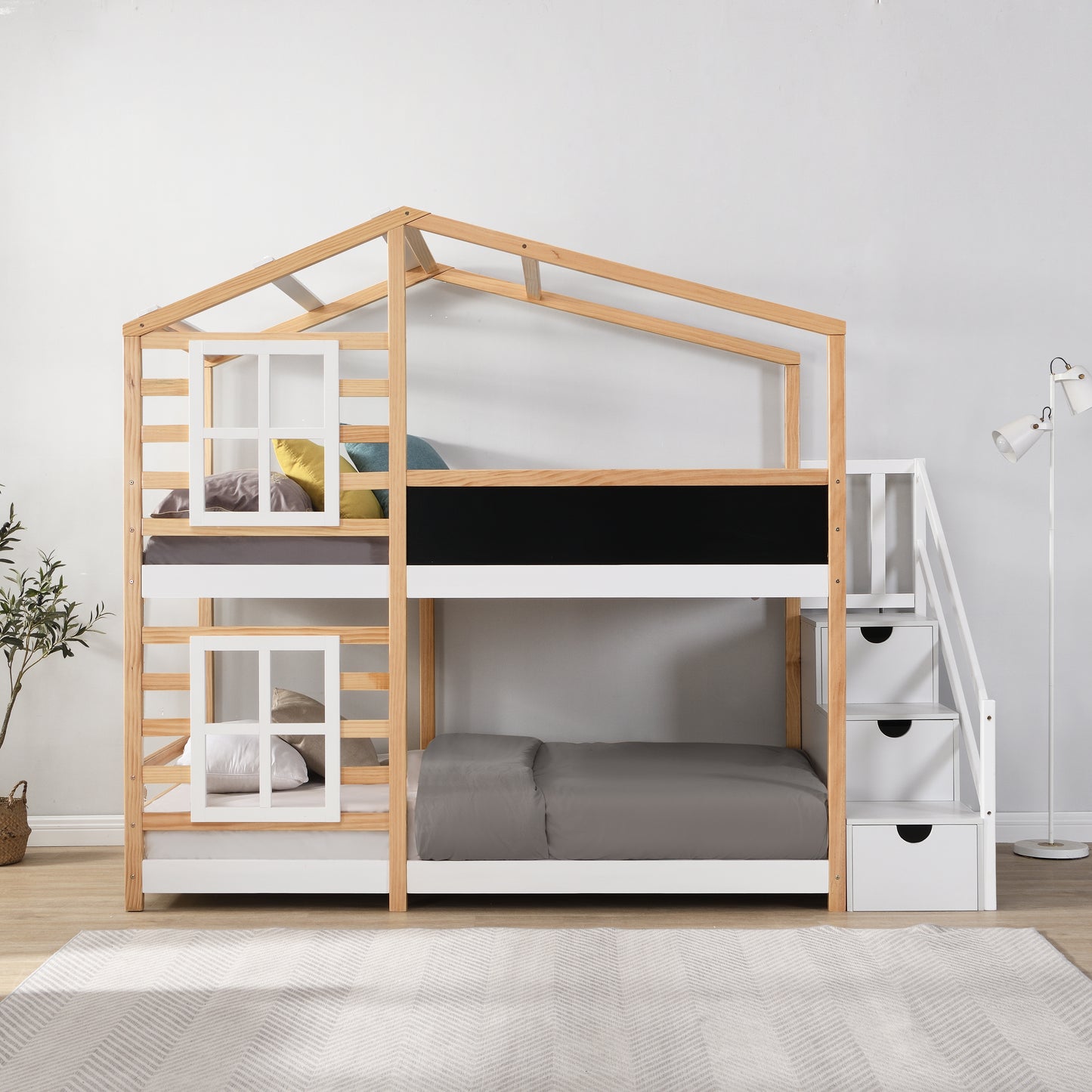 Twin over Twin Bunk Bed House Bed With Roof Windows Blackboard And Storage Ladder Platform Bed,bed Frame image 3