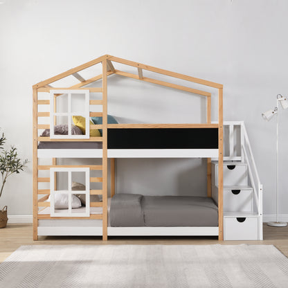 Twin over Twin Bunk Bed House Bed With Roof Windows Blackboard And Storage Ladder Platform Bed,bed Frame image 3