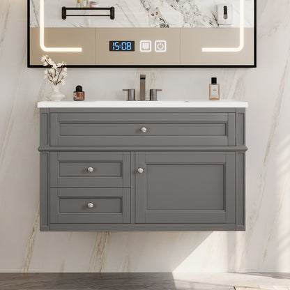 36'' Wall Mounted Bathroom Vanity, Floating Bathroom Storage Cabinet with 2 Drawers, 1 Tip-out Drawer, 3 Holes Single Ceramic Sink, Modern Cabinet. image 4