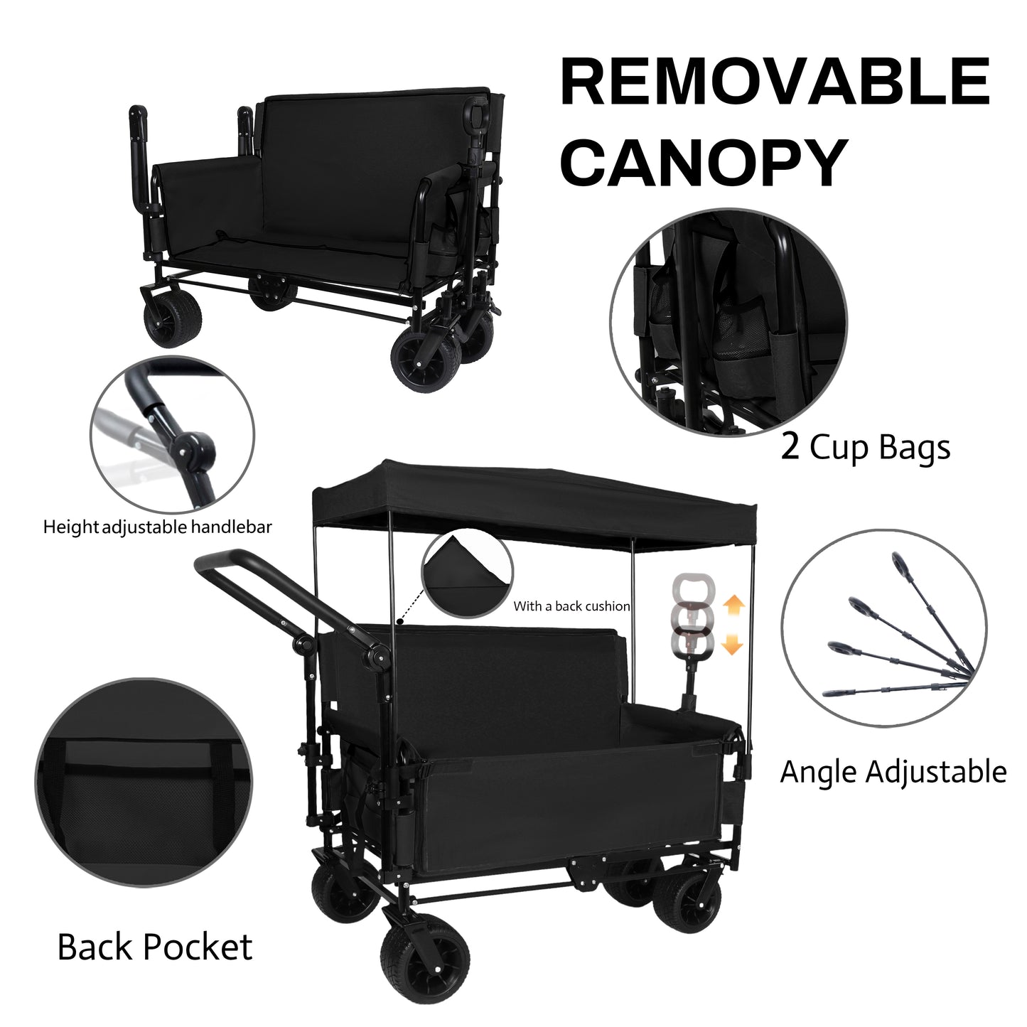 3-in-1 Folding Wagon Cart with Bench Seat & Canopy & Storage, 500lbs Heavy-Duty, 180L Capacity, All-Terrain Wagon for Camping, Beach, Sports, & Garden, Black image 2