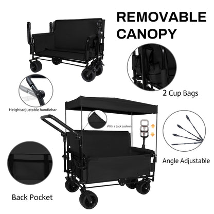 3-in-1 Folding Wagon Cart with Bench Seat & Canopy & Storage, 500lbs Heavy-Duty, 180L Capacity, All-Terrain Wagon for Camping, Beach, Sports, & Garden, Black image 2