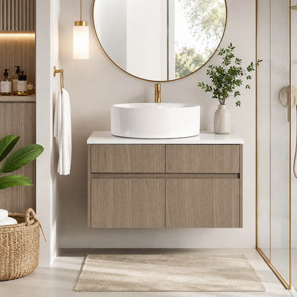 32 Inch Wall-Mounted Bathroom Vanity with Ceramic Art Basin, and PVC Flat Panel, 2-Soft Close Doors and 1-Drawer, KD-Packing, Particle Board image 1