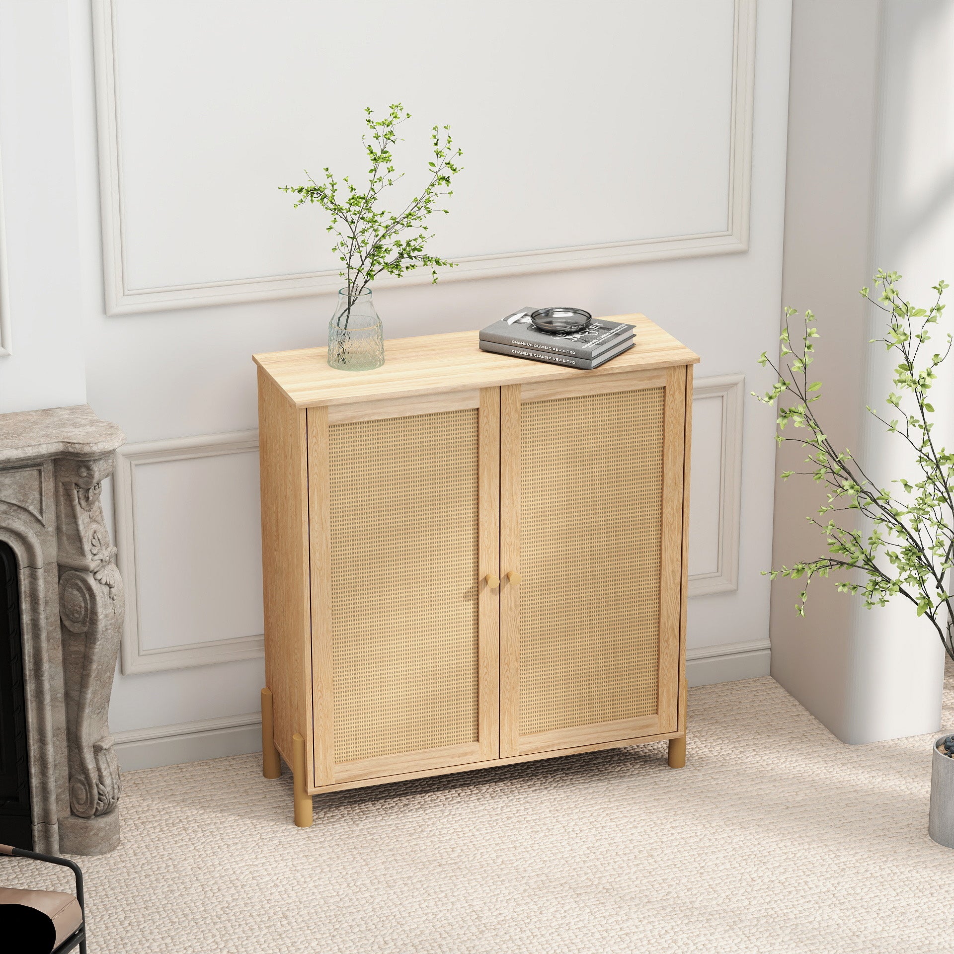 Mid-Century Modern Storage Cabinet with Woven Rattan Doors & Adjustable Shelves - Perfect for Living Room & Dining Room image 8