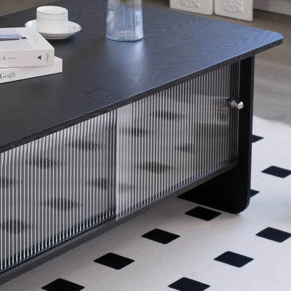 47" Coffee Table With Storage, Rectangular Modern Minimalist Center Table, Fluted Glass Sliding Doors For Living Room Bedroom Guest Room, Black. image 12