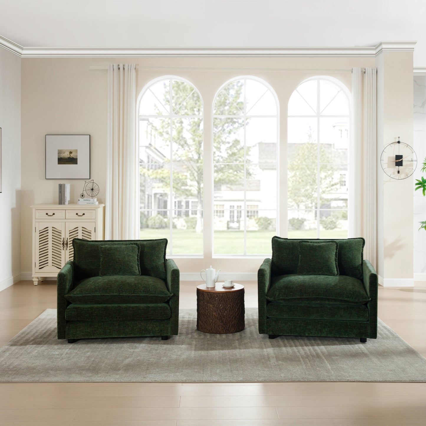 Accent Chair Set of 2, High-end Chenille Upholstered Armchairs, Living Room Side Chairs with Toss Pillow, Green Chenille image 2