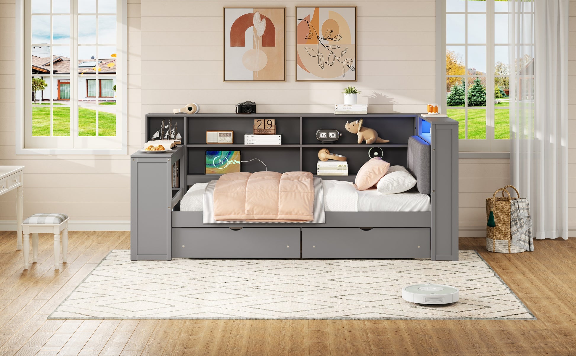 Wood Twin Size Platform Bed with Storage Shelves, Drawers, Charging Station, LED, Desk and Upholstered Headboard, Grey+ Grey Cushion image 6