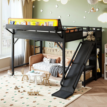 Queen Size Loft Bed with Slide, Storage Shelves and Built-in Wardrobe, Metal Loft Bed Frame with USB Ports and LED Lights, with Pegboard, Safety and Solid, Black image 4